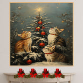 Retro Christmas Kittens Print Three Adorable Cats Admiring Snowy Tree with Red Ornaments Cozy Winter Holiday Vintage Artwork for Festive Home Decoration on Ready to Hang 1.5" Thick Canvas Wrap, Floating Framed Canvas, Flat Rolled Canvas